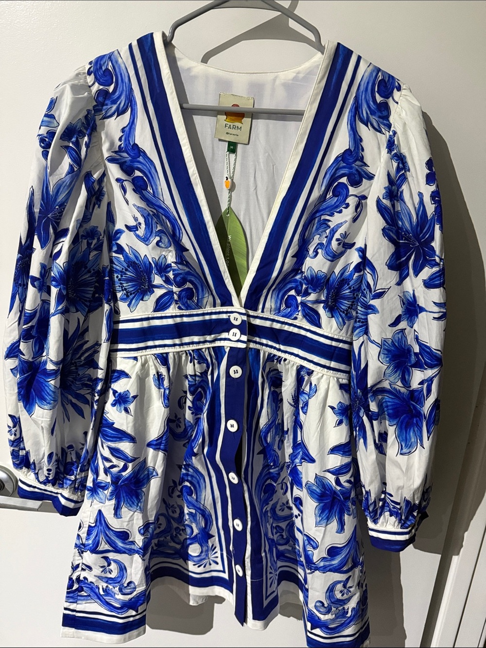 FARM Rio Blue & White Floral Button-Front Mini Dress